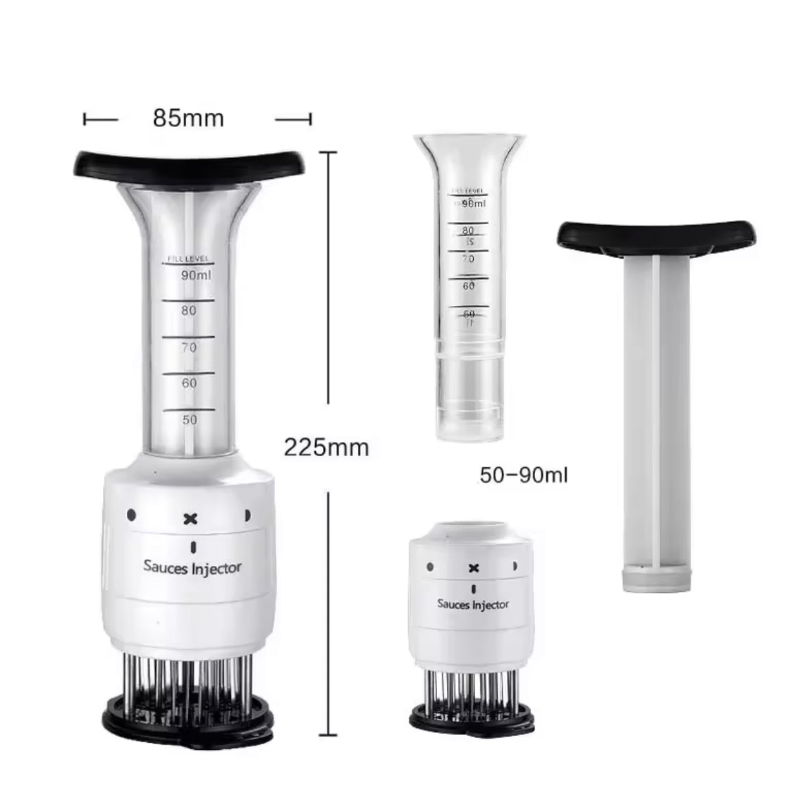 Sauces injector with measurement details on a white background Loot Phoot Stainless steel meat tenderizer tool for softening beef chicken and steak Bakra Eid Special