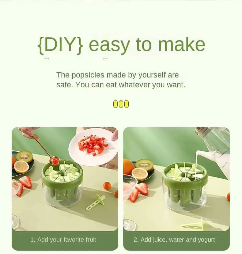 Popsicle mold with fruit and juice on a green background