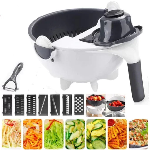 9 in 1 Vegetable Cutter with Drain Basket – Multi Function Food Slicer & Grater