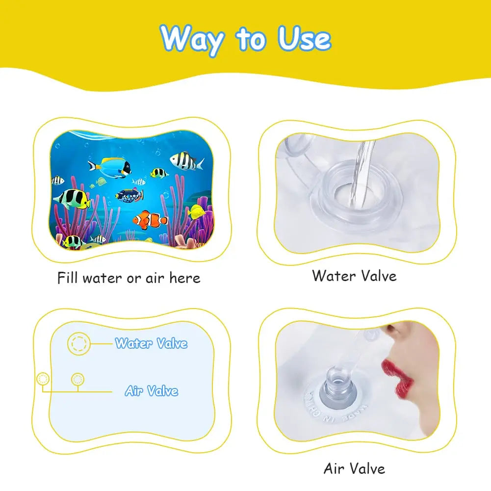 Instructions on how to use a product with illustrations of an aquarium, water valve, and air valve.