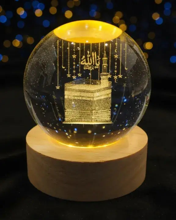3D Kaaba Sharif Crystal Ball Night Lamp with Wooden LED Base