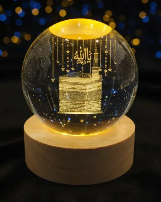 3D Kaaba Sharif Crystal Ball Night Lamp with Wooden LED Base