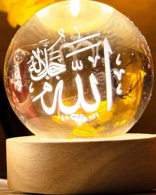 Premium Allah Crystal Ball Lamp glowing on LED wooden base
