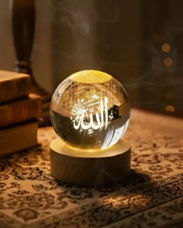 Islamic crystal lamp featuring 3D Allah Arabic calligraphy