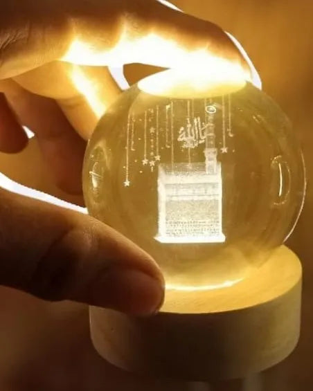 Islamic Crystal Ball Lamp featuring detailed 3D Kaaba engraving