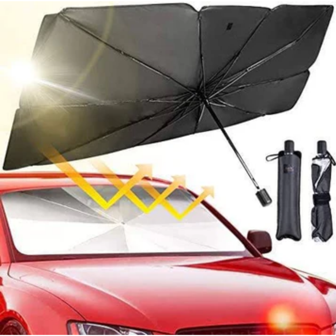 Universal car sun shade umbrella installed on windshield blocking sunlight and heat