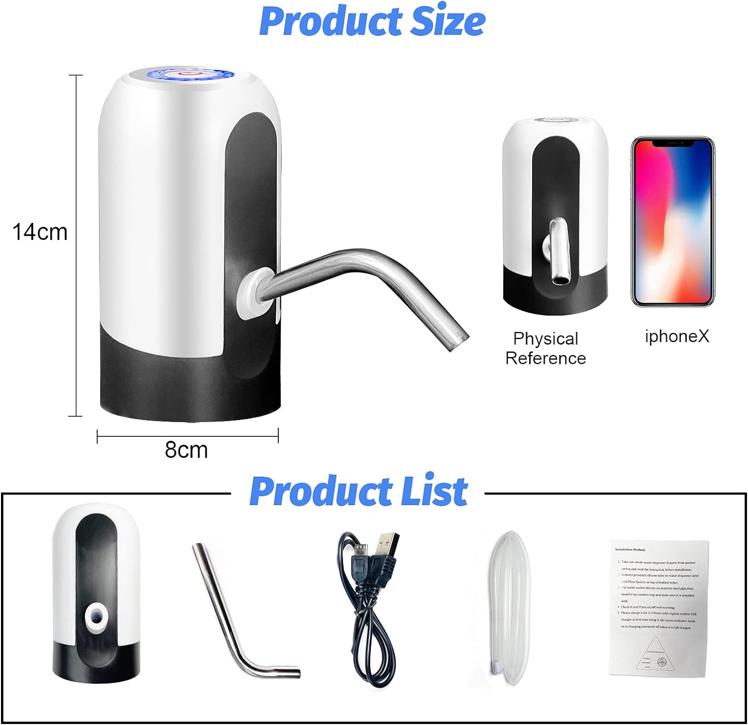 Rechargeable water bottle pump with USB charging cable for long lasting battery life