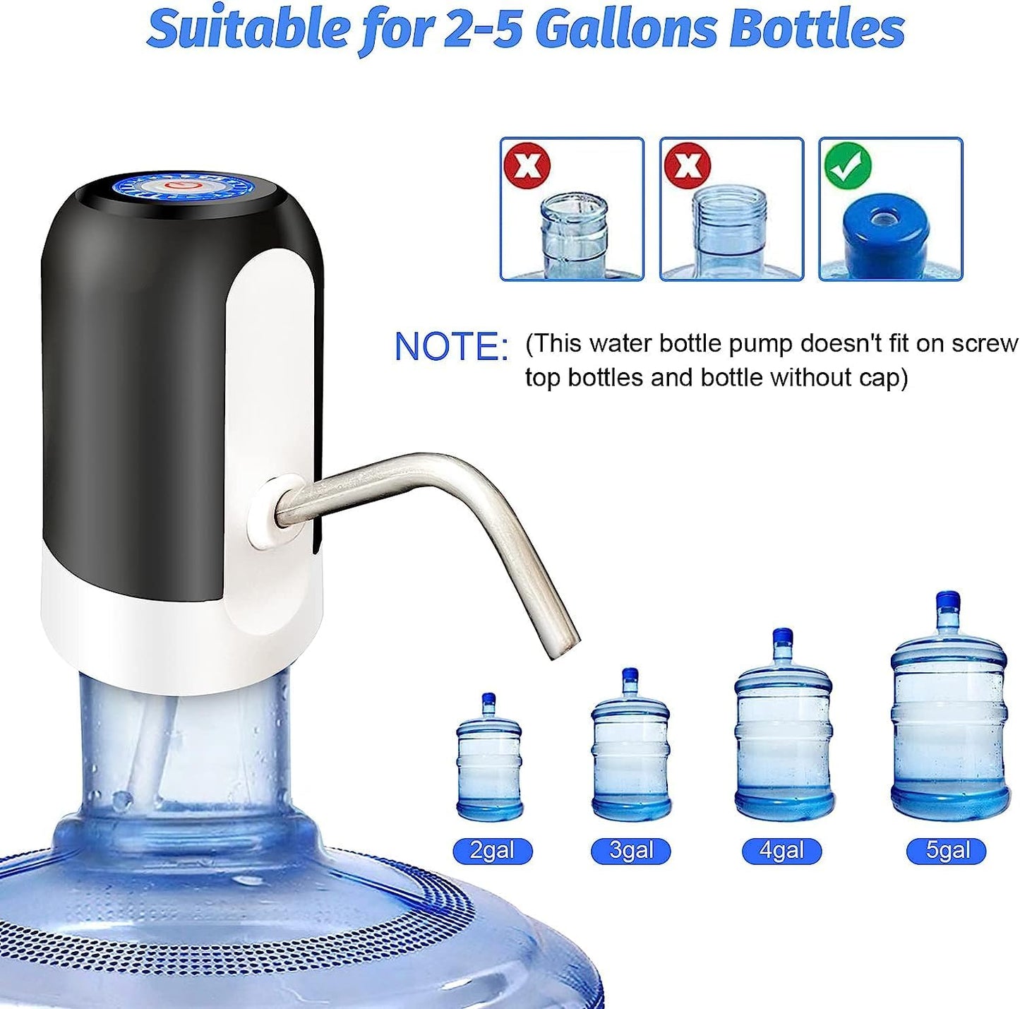 Universal bottle water pump compatible with multiple bottle sizes for home and office use