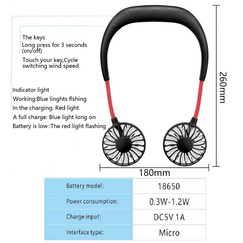 stylish rechargeable neck fan product display and packaging view