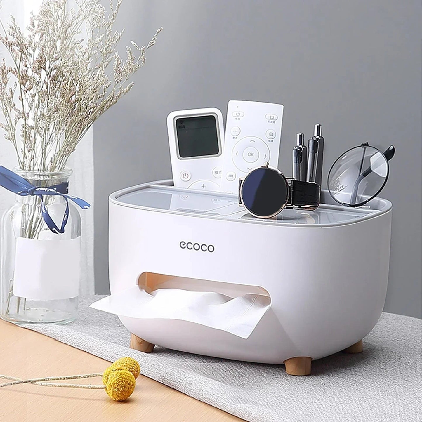 tissue box with multifunctional holder front design
